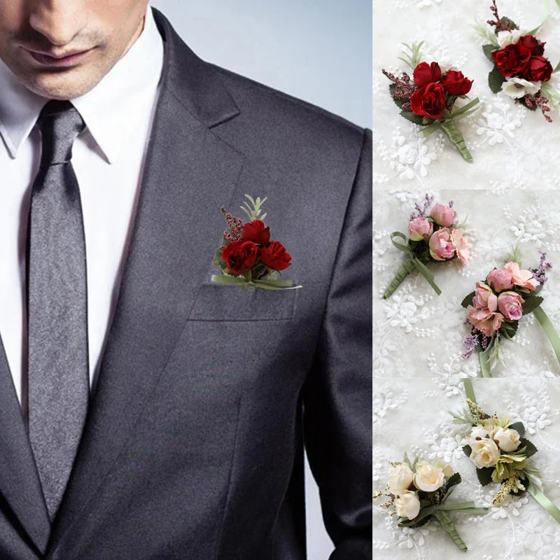 Groom Boutonniere Man Pin Suit Corsage Bridal Buttonhole Wedding Wrist Flower Party Mariage Decor Artificial Silk Rose Flowers