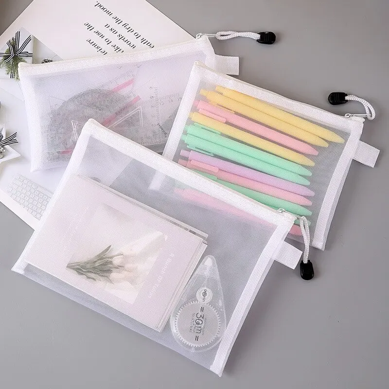 3pcs/Set Transparent Document Bag Mesh Zipper Information Bag Small Fresh Large Capacity Stationery Bag