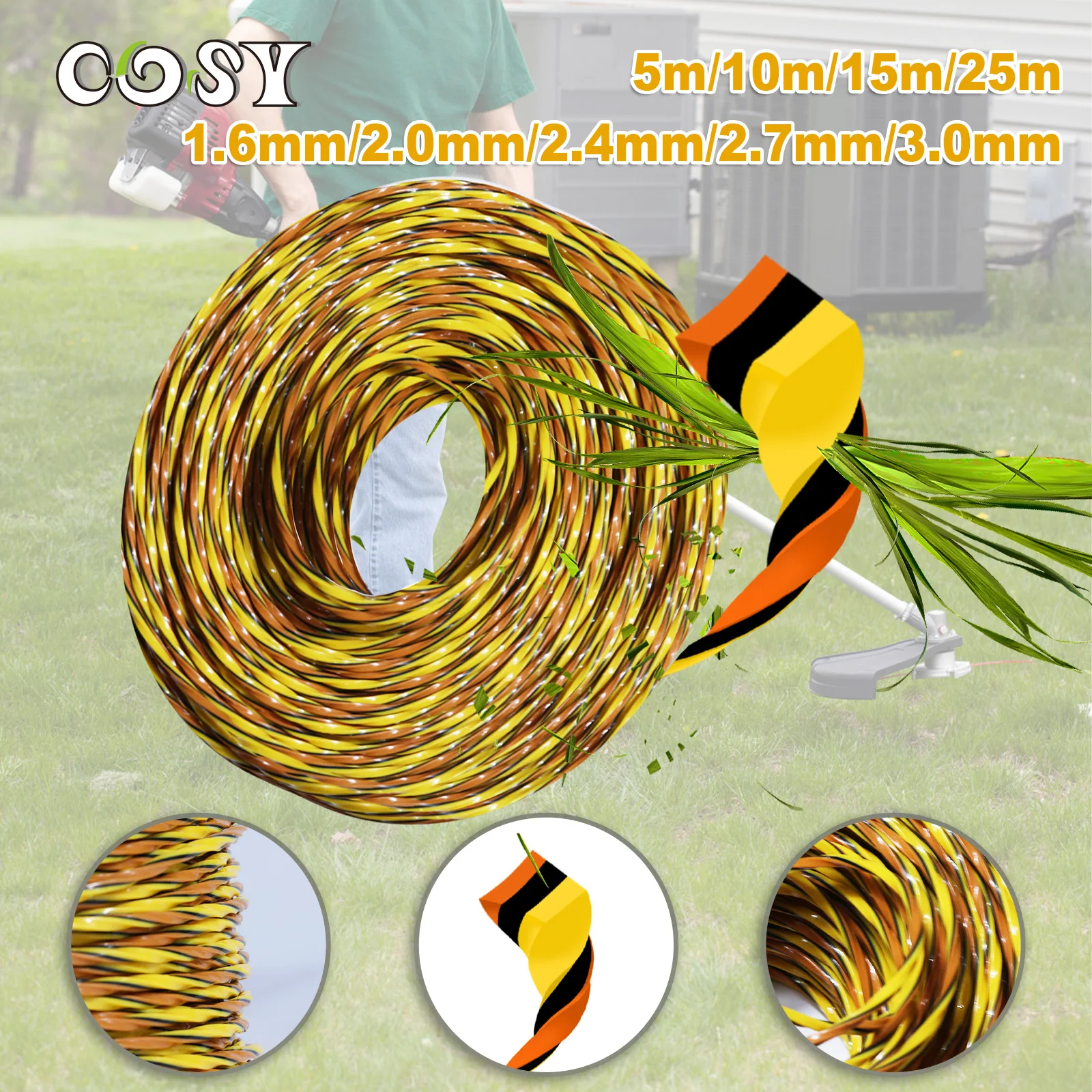 1.6/2.0/2.4/2.7/3.0MM*5/10/15M Tricolor Square Twist  Grass Trimmer Line Nylon Grass Cutter Rope Lawn Mower Blade Head Accessory