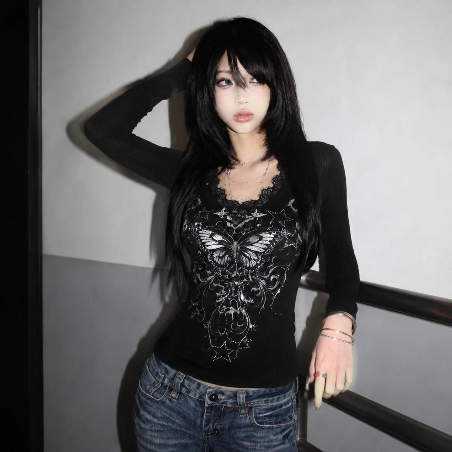 [RUOKE] Y2K Gothic Top Women Butterfly Print Lace Trim Long Sleeve T-shirt Vintage Grunge Streetwear Slim Fit Tee Fall Halloween