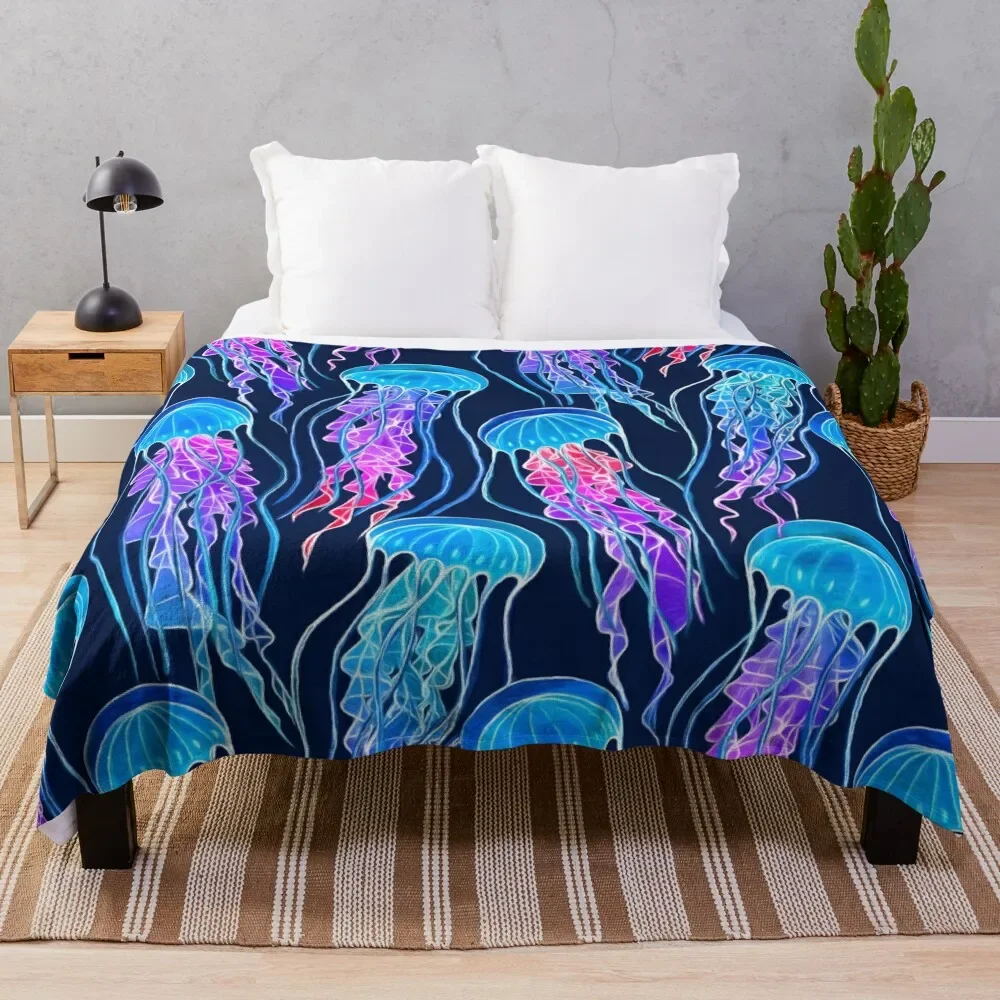 Luminescent Rainbow Jellyfish on Navy Blue Throw Blanket warm for winter Sofas Sofa Blankets