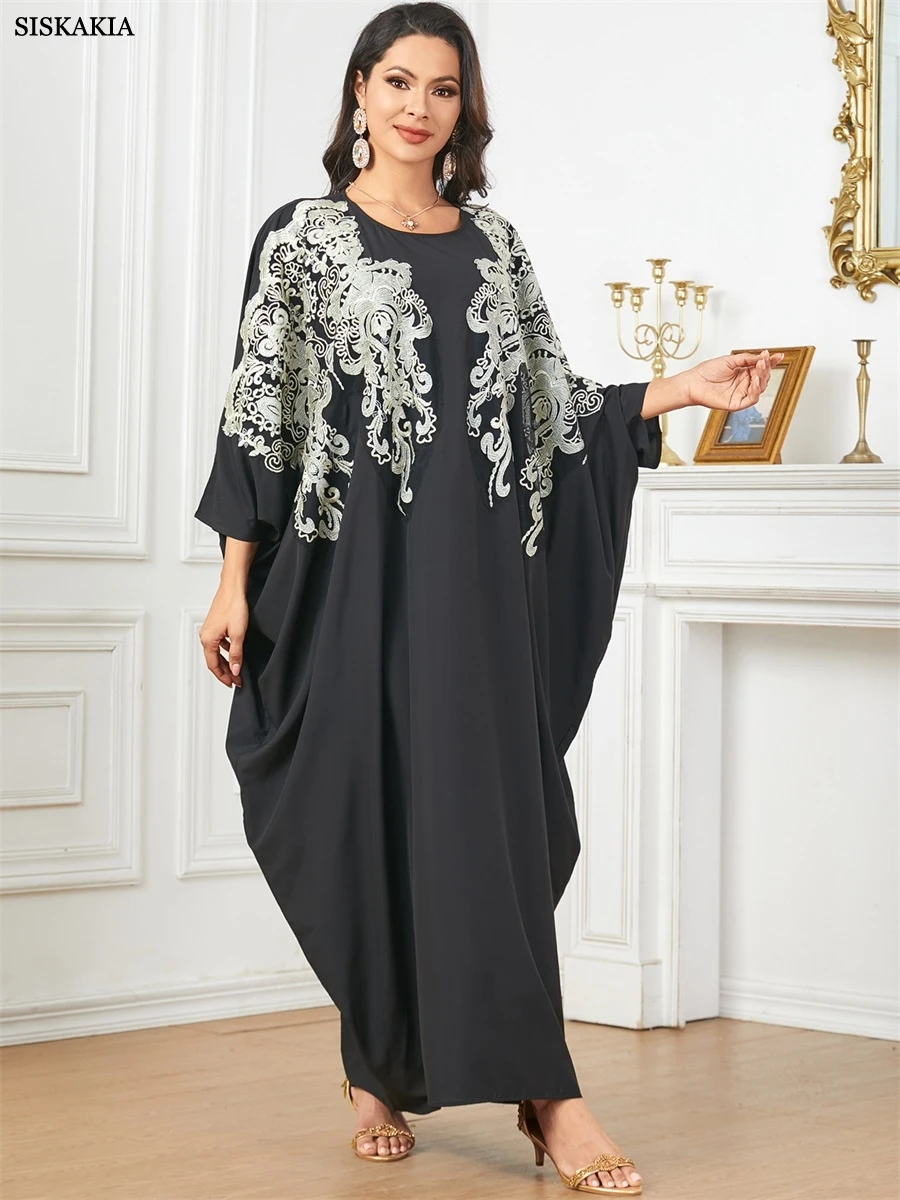 Siskakia Casual Appliques Batwing Sleeve Saudi Moroccan Homewear Muslim African Women Dresses Turkish Gulf Kaftan Islam Clothing