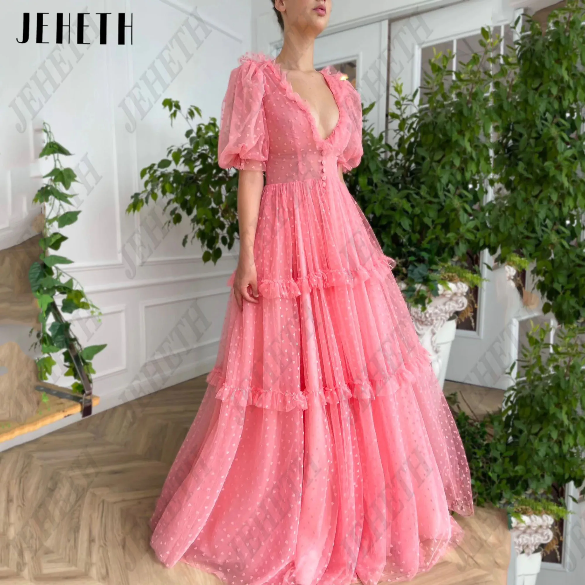 

JEHETH Sexy Deep V-Neck Prom Dress A-Line Puff Sleeves Backless Heart Vestidos De Festa Empire Tulle Custom Party Gowns Woman