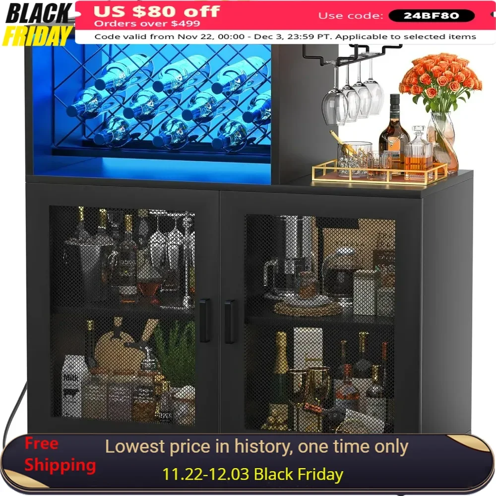 Wine Bar Cabinet with Wheels, Small Liquor Cabinet with LED Light, with Power Outlets, Coffee Bar with Wine Rack,