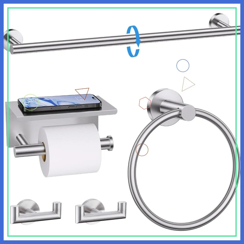 

5-Piece Brushed Nickel Bathroom Towel Bar Set with Shelf, Stainless Steel Wall Mounted 23.6 Inch Hardware