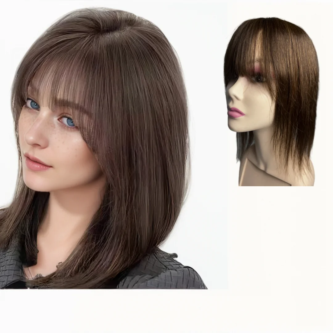 

12x14 см, большие кружевные топперы из искусственной кожи для женщин, настоящие человеческие волосы с челкой, прямые волосы, выпадение волос, 3 зажима, легко носить