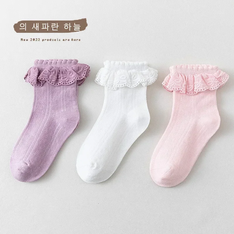 3 Pair Kids Girl Sock Princess Ruffle Solid Color Calf Sock for Baby Girl Spring Autumn Cotton Soft Frilly Children Girl Sock