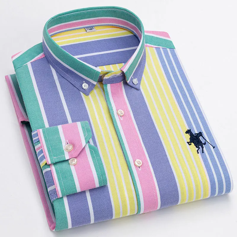 Quality 100% cotton Oxford Men\'s striped Long sleeve shirt Embroidered horse label Business Casual no-iron slim plus size 5XL