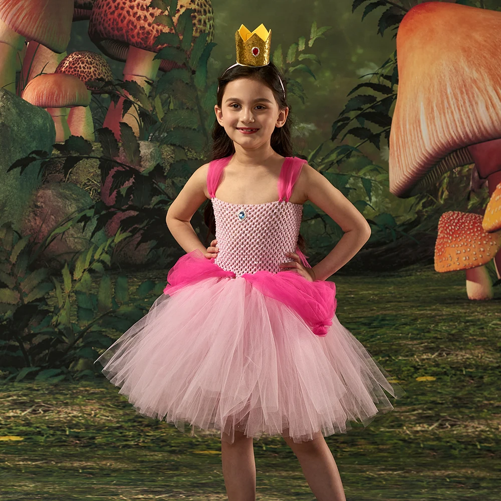 Peach Princess Tutu Dress for Girls Stage Performance Clothes Children Halloween Cosplay Costume Fancy Party Outfits with Crown