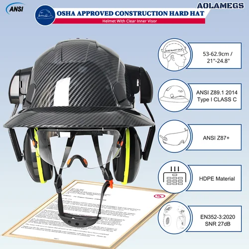 Imagen 2 del producto Casco de seguridad de ala completa CE con gafas integradas, orejeras, casco duro de construcción de HDPE, gorro de rescate para trabajo al aire libre, protección para la cabeza