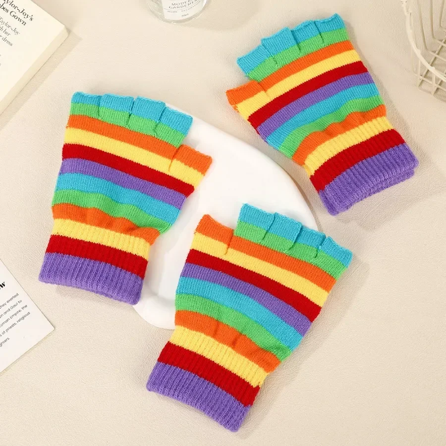 1pair Women Rainbow Striped Knit  Winter Gloves Thickened Warm Half-Finger Gloves for Students and Couples