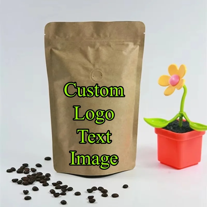 50PCS  (1/4 pound~1 pound) Kraft Paper Coffee Valve Ziplock Bag DIY Stand-up Matcha Cocoa Coffee Beans Packaging Storage Pouches