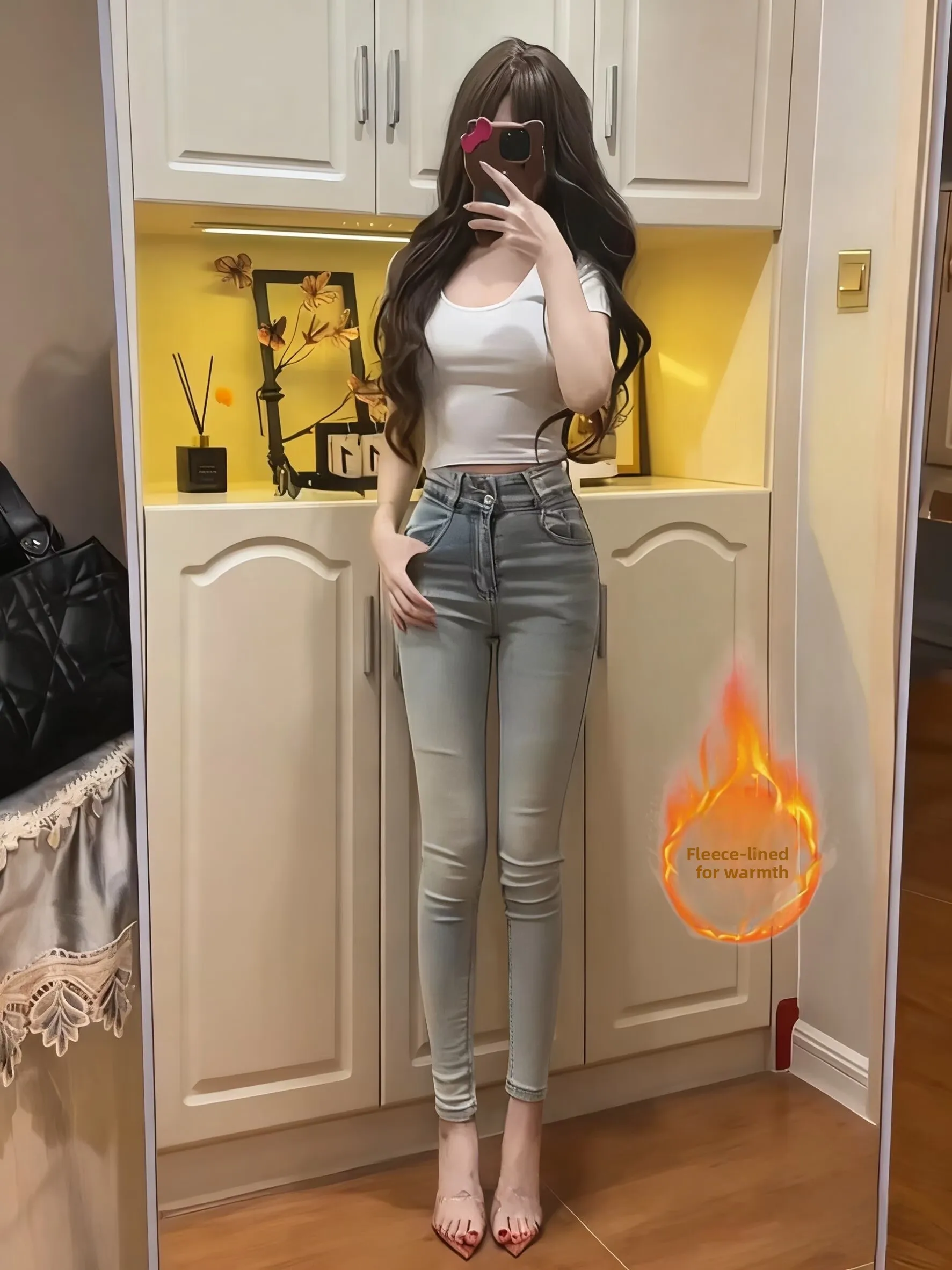 

High Waist Fce Lined Double Bule Design Slimming Jeans Women's Cleanfit Cotton Stretch Denim Pants Body a Trendy