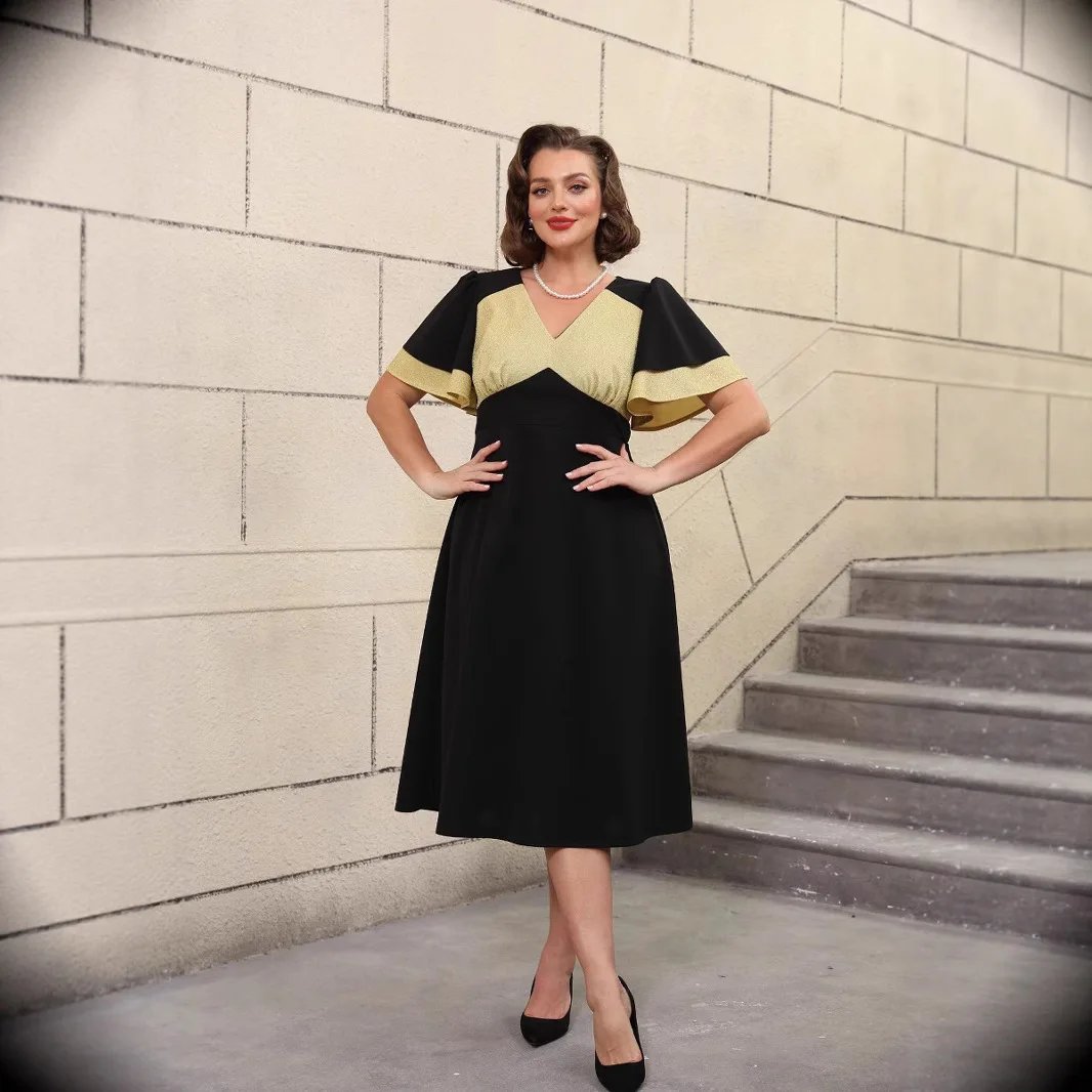 プラスサイズカラーブロックグリッタードレスフリルスリーブ A ライン痩身黒ドレス女性のドレスパーティー夏エレガンテスカジュアル Y2k