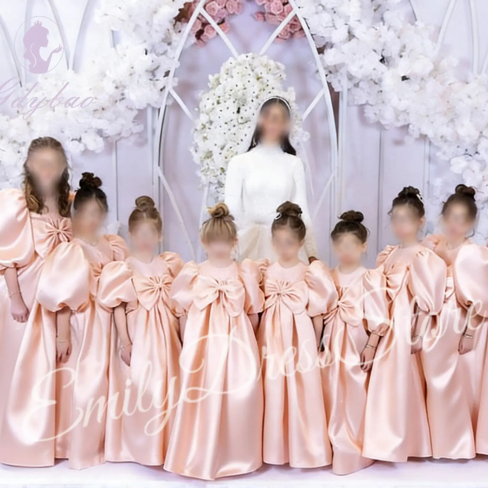 

Розовое платье подружки невесты с цветочным узором для девочек на свадьбу, атласное платье с высокой талией и бантом, детское платье для дня рождения, платье для первого причастия