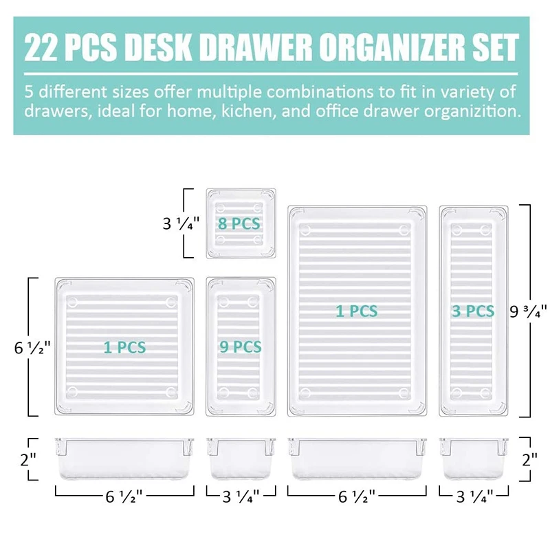 22 PCS Drawer Organizer - Makeup Drawer Organizer 5 Size Plastic Acrylic Drawer Organizer Versatile Kitchen Office