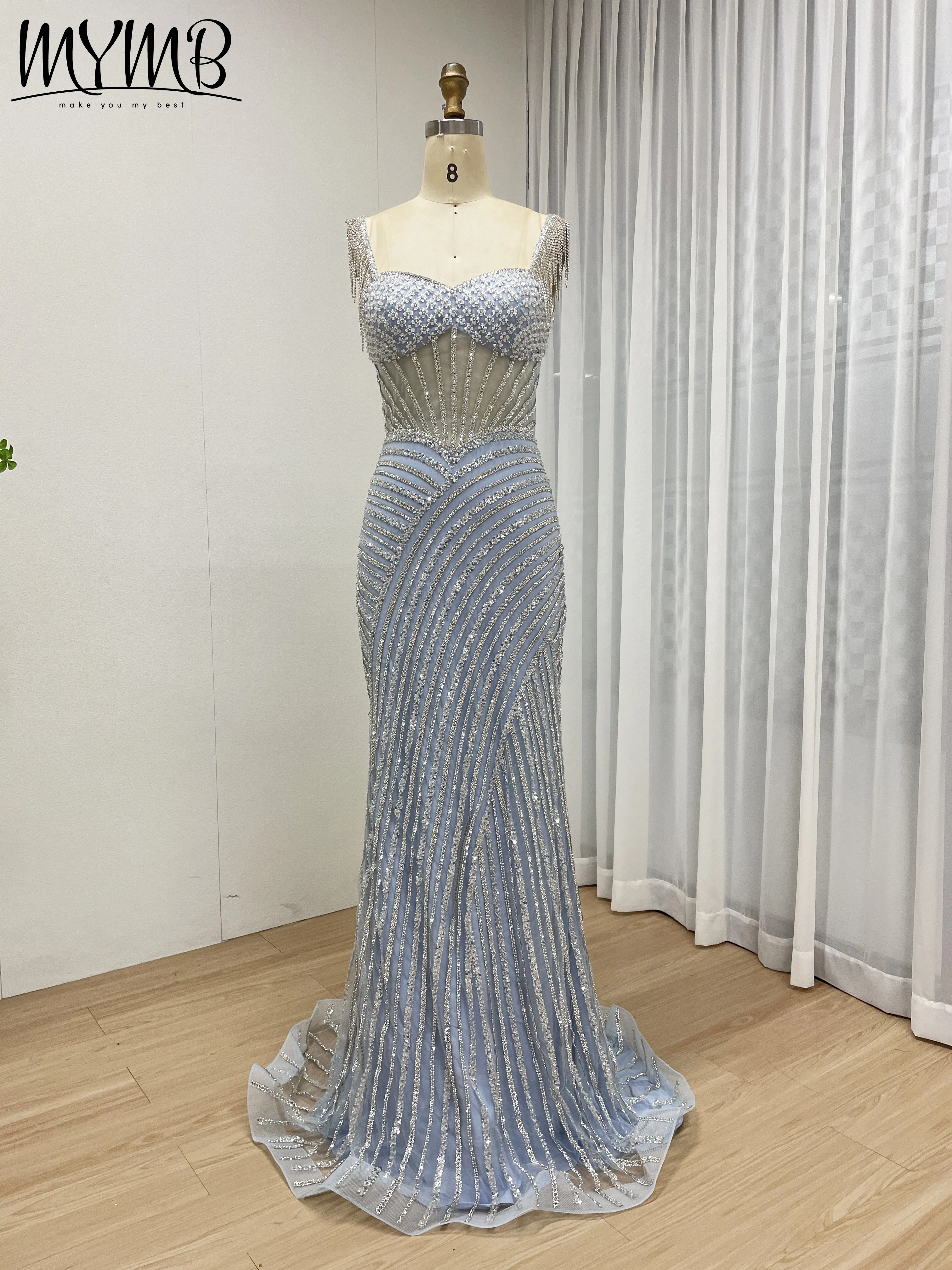 MYMB Spaghetti Strap Long BLUE Mermaid Beaded Cape With Sleeves Evening Dresses Gowns for Women Wedding Party Customized MB40394