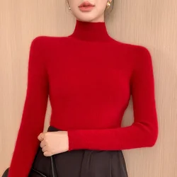 Autumn and winter new 100% pure wool women's semi-turtle neck with slim temperament bottoming sweater.