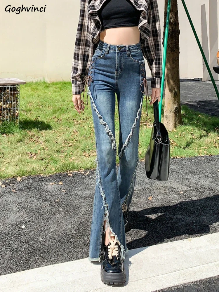 

Blue Flare Jeans Women Chic Tassel Skinny Vintage High Waist Aesthetic Female Trend Streetwear Slit Trousers Korean Fashion Sexy