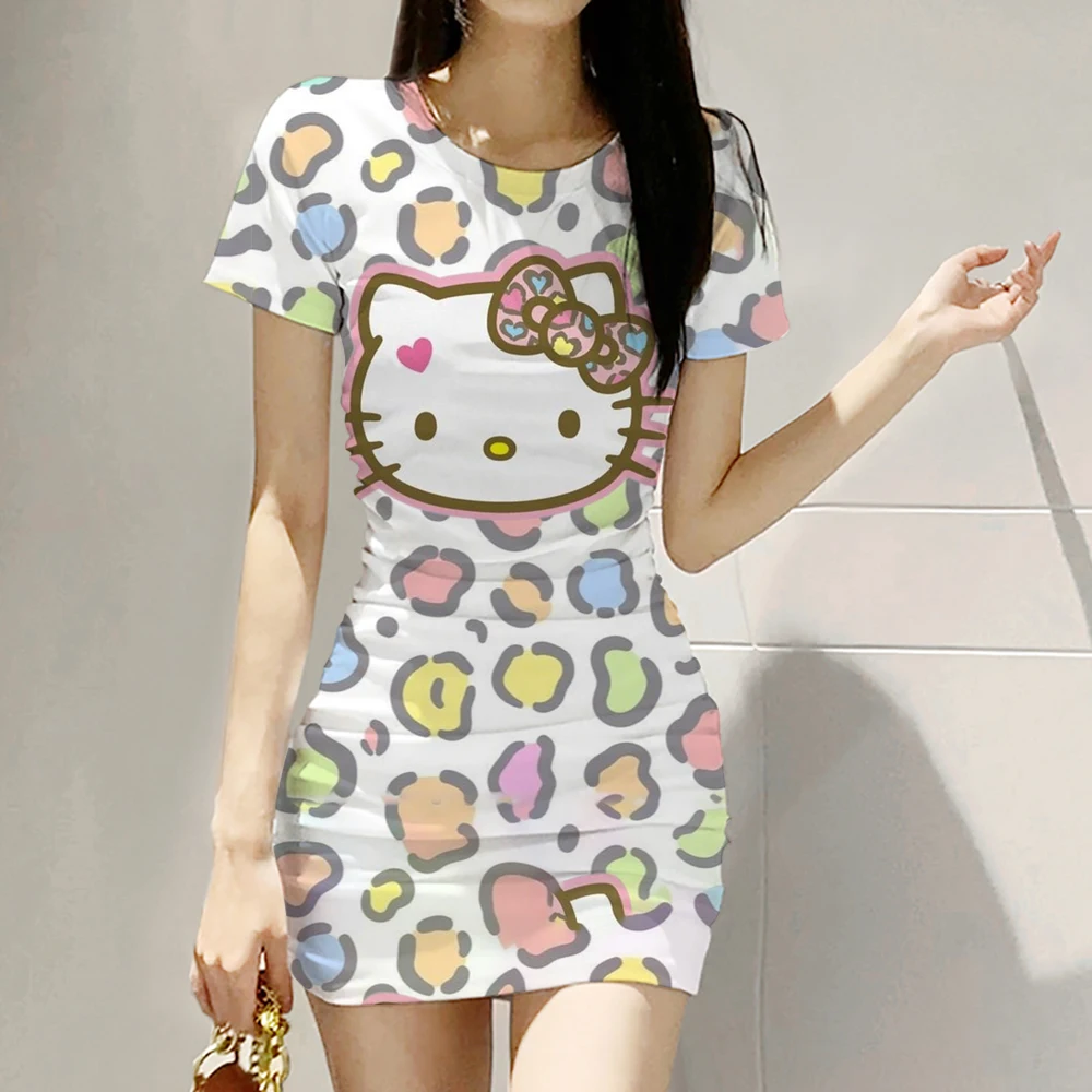 Women Dress Summer Fashion Sexy O-Neck Wrapped Hip Hello Kitty Print Women's Dress Printed Tight Sleeveless Short Dress