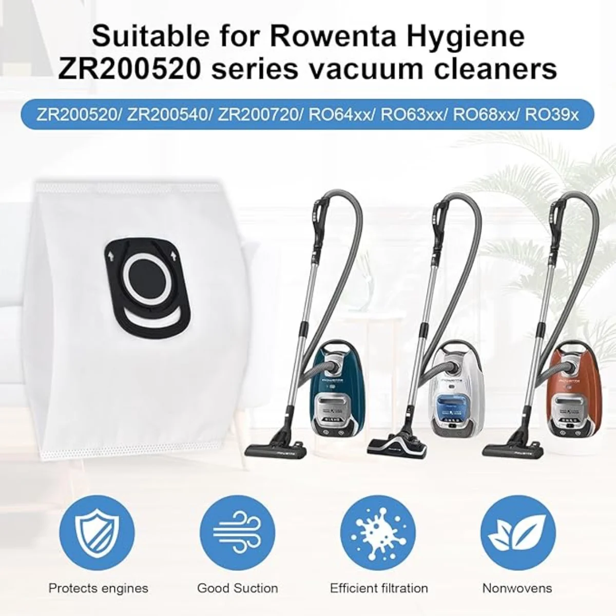 Vacuum Cleaner Bags for Rowenta Hygiene + ZR200520 ZR200720, Dust Bags for Rowenta Compact Power X-Trem Power and Silence Force
