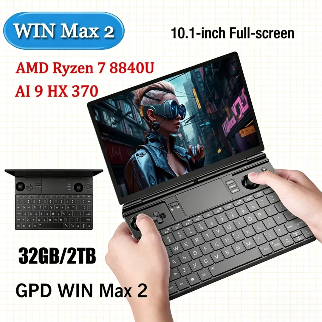 Hyper Prime GPD 2026 WIN Max 2 32GB RAM 1TB 2TB SSD Hard Disk CPU AMD 8840U AI9 HX370 Processor Gaming Laptop Mini PC for High
