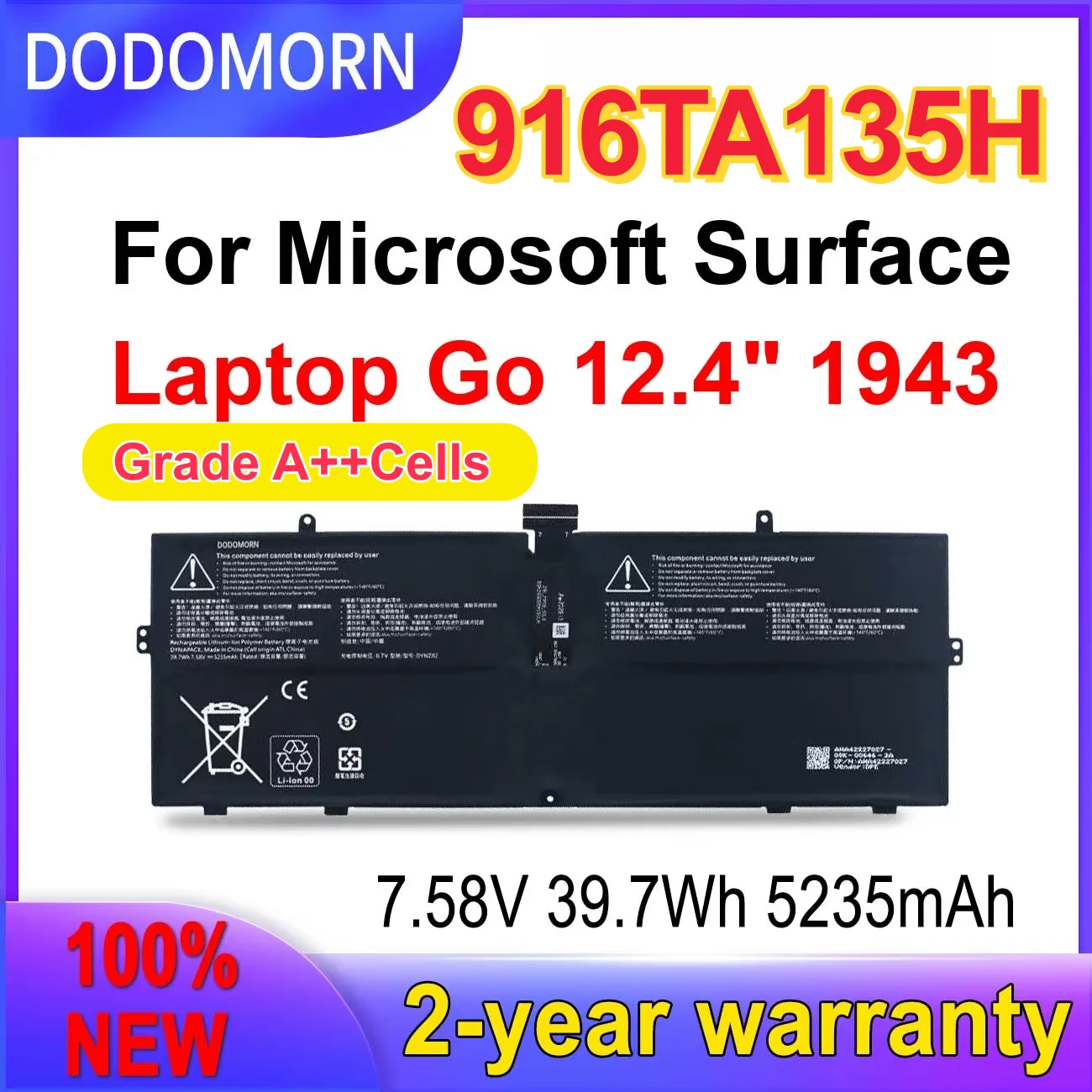 High Quality 916TA135H DYNZ02 Battery For Microsoft Surface Laptop Go Model 1943 2013 AHA42227027 AHA42227028