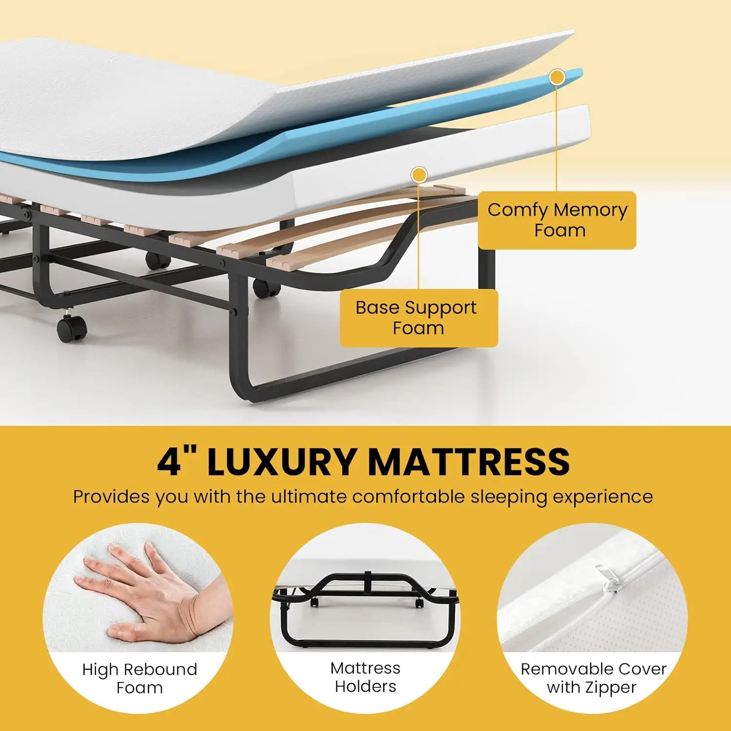 Folding Bed with Mattress for Adults, Cot Size Rollaway Bed for Guest, Portable Foldable Bed w/Memory Foam Mattress & Metal Fram