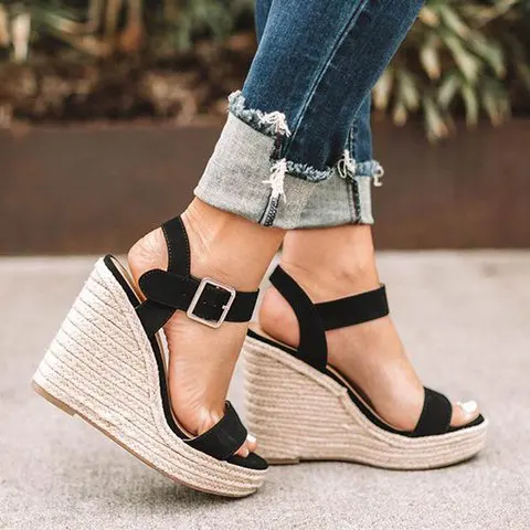 Sandalia femenina, zapatos negros para mujer, tacones altos, talla grande, punta abierta, zuecos de verano 2024, hebilla de cuña, tacón alto Beige para niñas, Big Ne