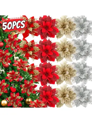 Large Glitter Artificial Christmas Flowers with Clips DIY Fake Flower Xmas Tree Ornaments for Home New Year Decoration Supplies
