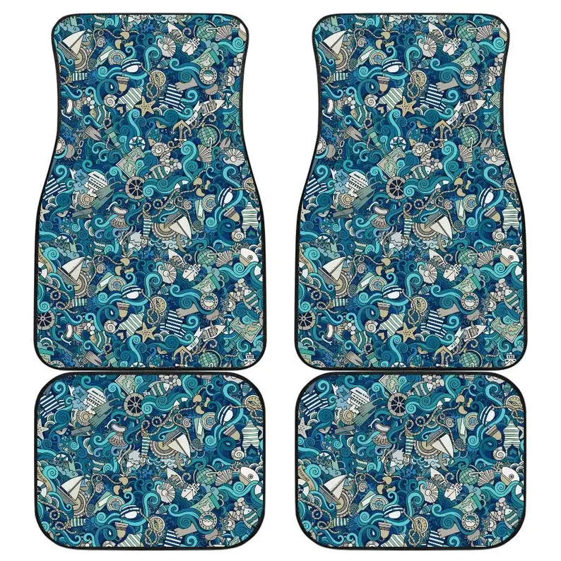 Nautical Pattern Car Floor Mats Set (2 x Front, 2 x Back) - Turquoise - Great Gift For People Who Love All Things Nautical