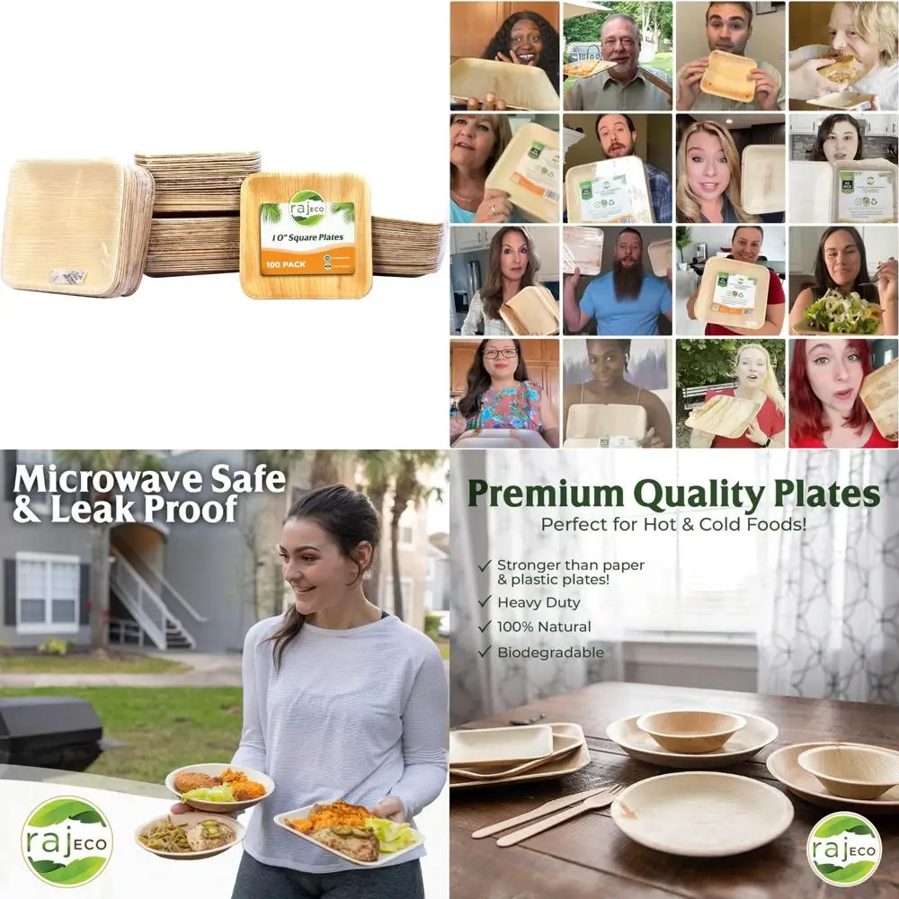 

Disposable Square Palm Leaf Plates, 10-Pack of 100 Compostable Tableware for Weddings, Luncheons, Dinners, and Events