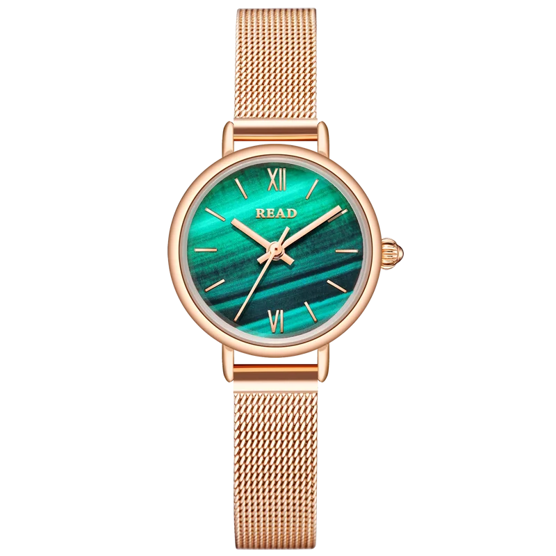 Ladies Analog Dress Watch | Classic Round Case | Green Marble‑Style Dial | Rose‑Tone Mesh Band | Daily Water Resistant Watch