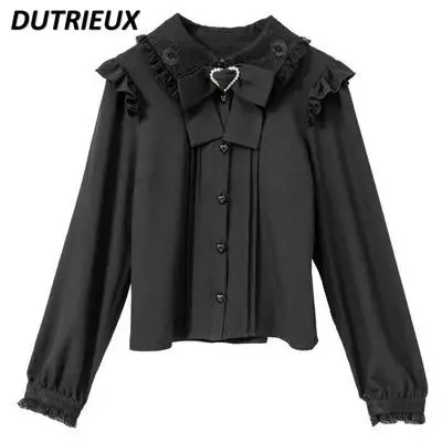 Elegant Women Blouses Shirt Japanese Lolita Clothing 2023 New Off-the-Shoulder Long Dleeve Love Heart Shirts Top Blusa Femininas