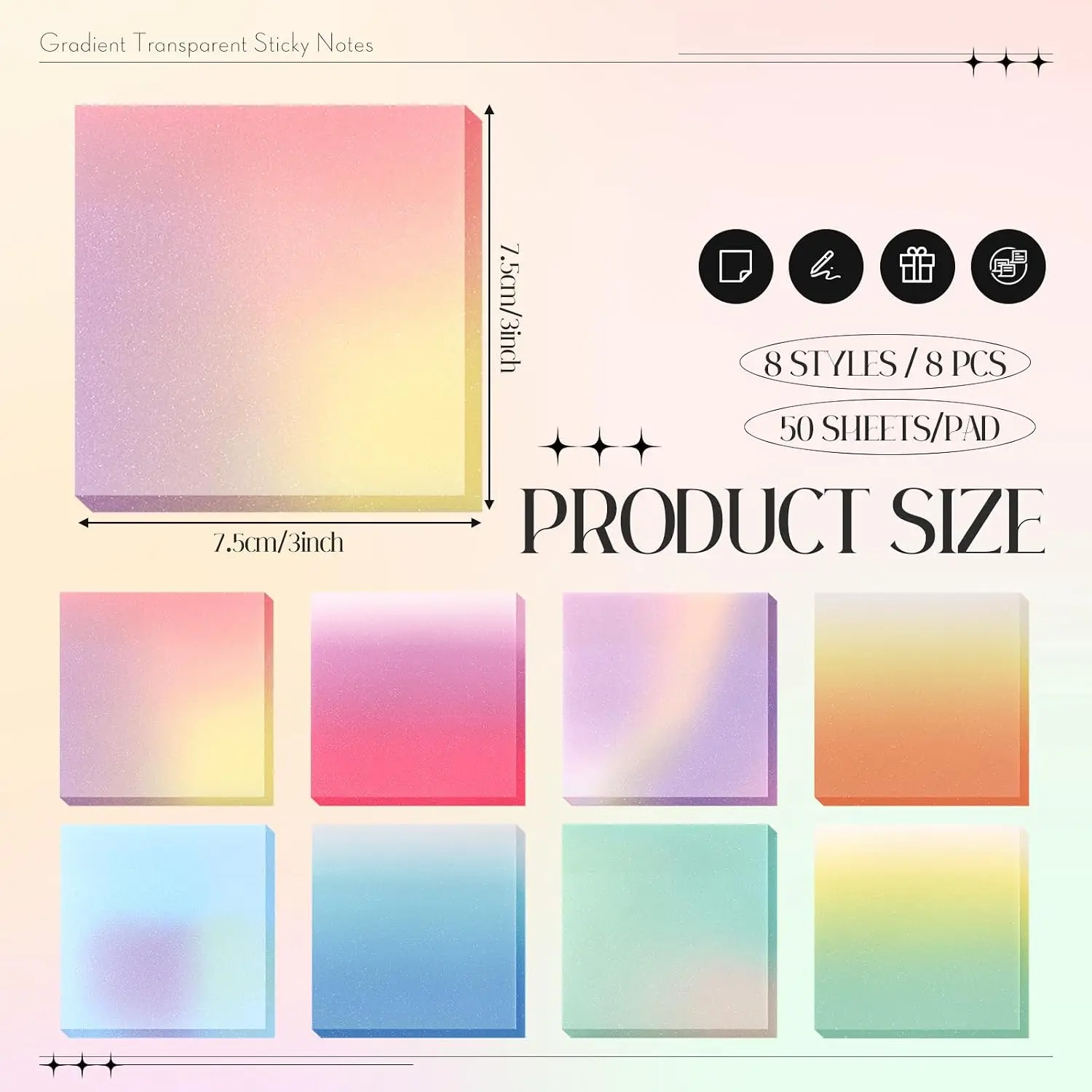PET Gradient Sparkle Sticky Notes Pad Semi Transparent Pre Glued Self Adhesive Notepad for School Office Professionals