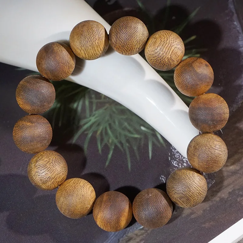 Chinese Style Good Luck Blessing Wealth Nha Trang Yellow Qinan Agarwood 16mm Round Bead Bracelet Unisex Meditation Prayer Mala