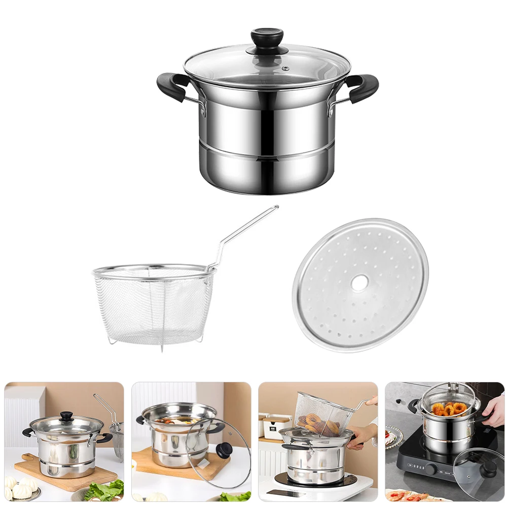 1 Set Edelstahl Suppentopf Suppentopf Fritteuse Topf mit Korb Antihaft-Oberfläche Tragbare Einhand-Milch-Nudeln