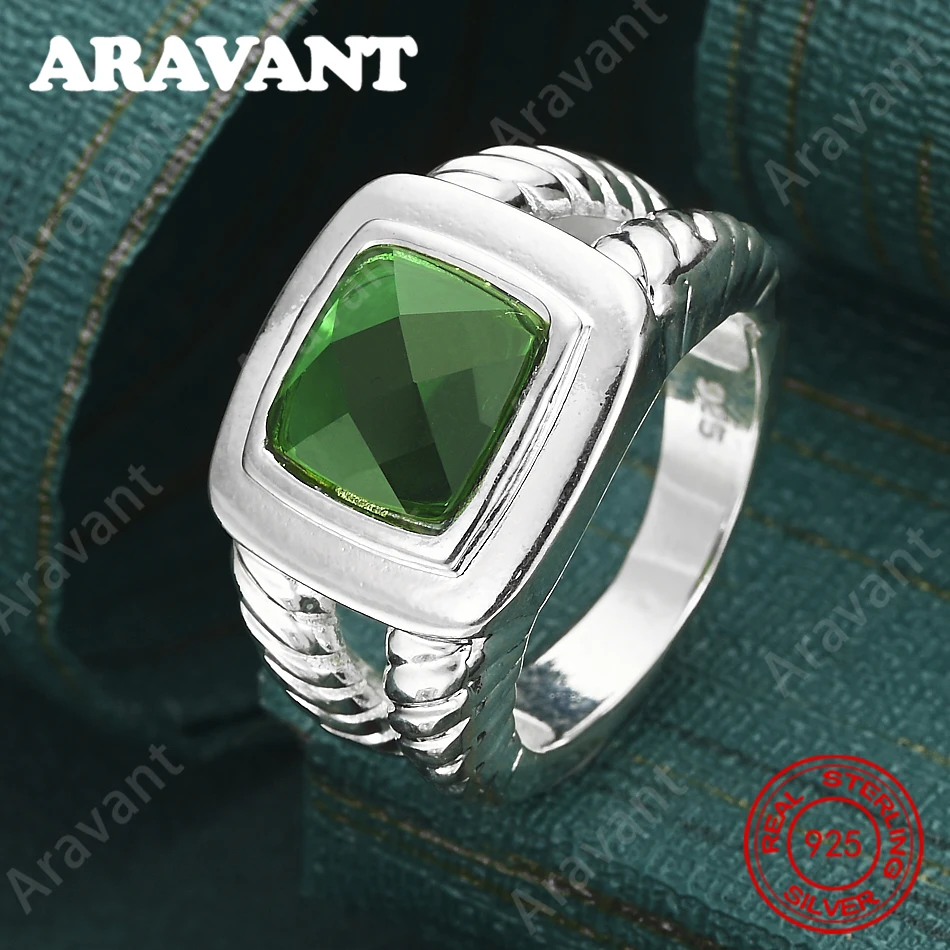 

Кольцо из стерлингового серебра 925 пробы с зеленым квадратным цирконом 7-10 # Свежие и элегантные украшения для помолвки для женщин.