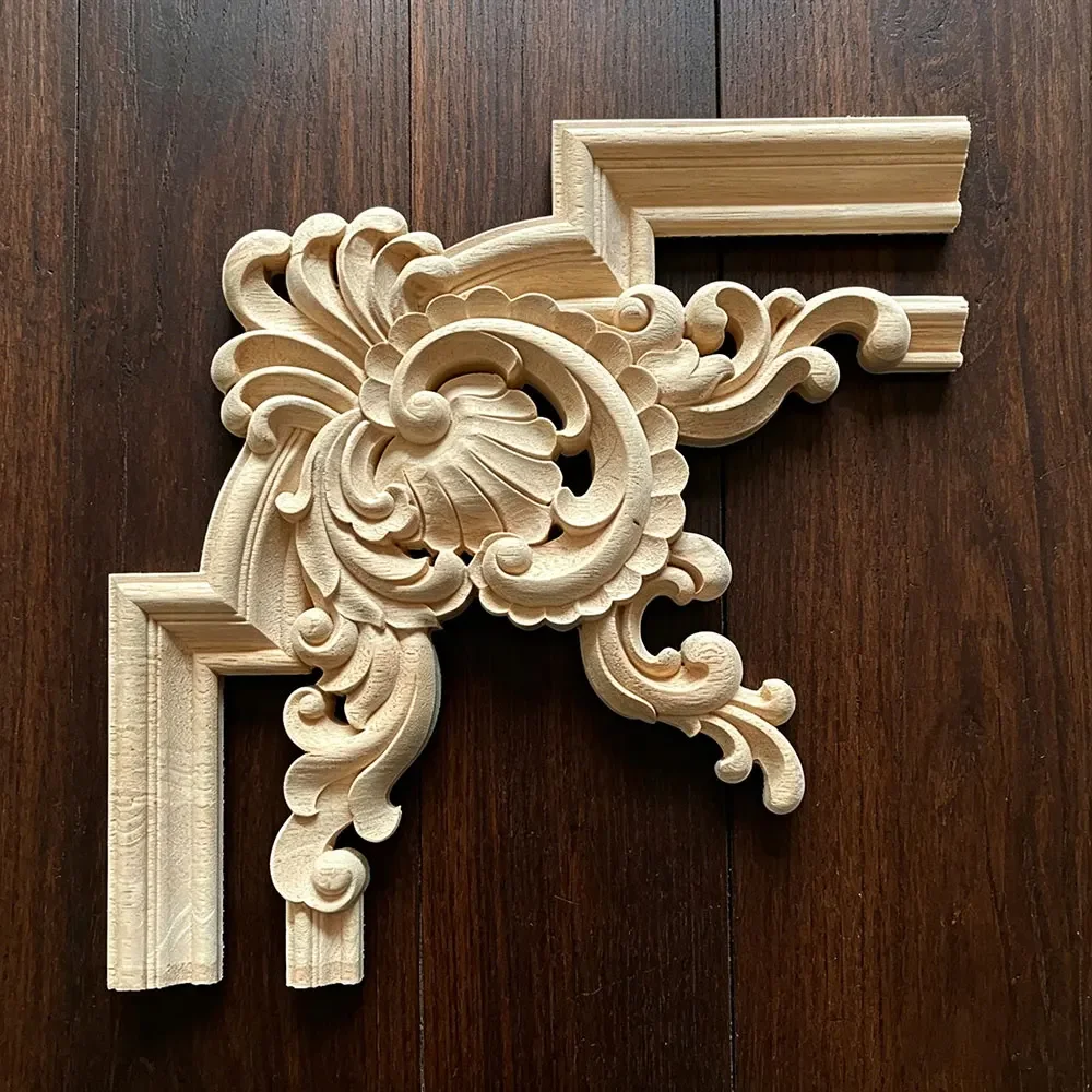2PCS 22cm Woodcarving Corner Vintage Unpainted Decal Onlay Applique Frame Home Furniture Wall Door Decor 3D Flower European