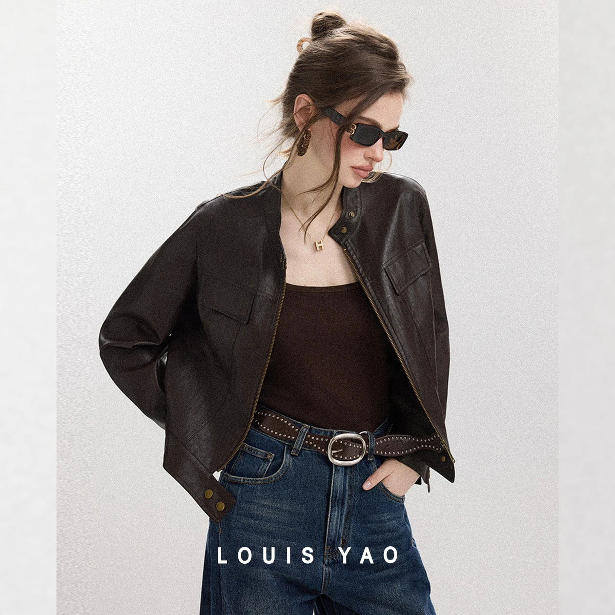 LOUIS YAO Motorcycle Faux Leather Jacket 2026 Autumn Winter Stand Collar Vintage Zipper Metal Buttons Workwear Short Jacket