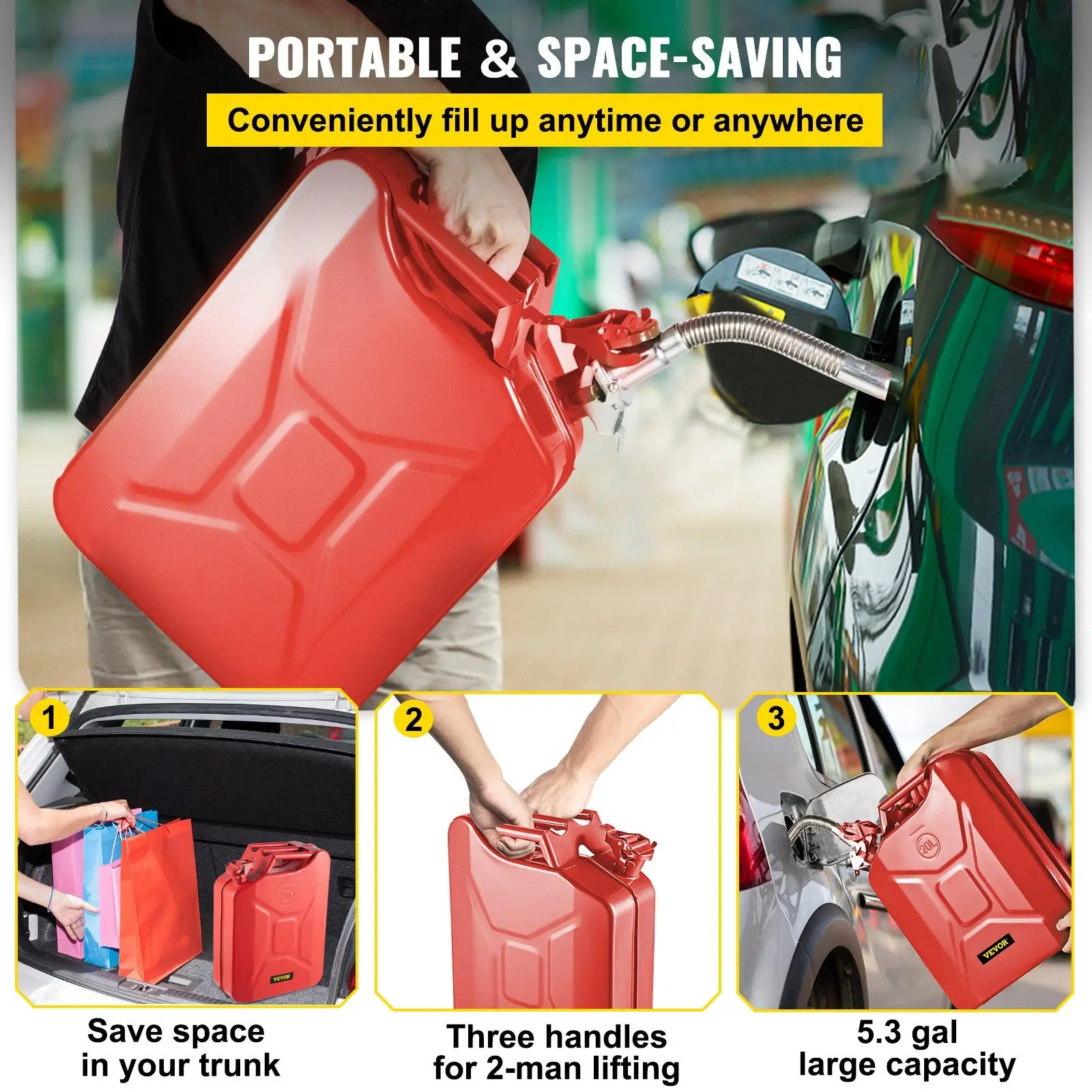 5.3gal/20L Portable Steel Jerry Fuel Can with Flexible Spout, Rustproof Heat-resistant for Cars Trucks Equipment, Red