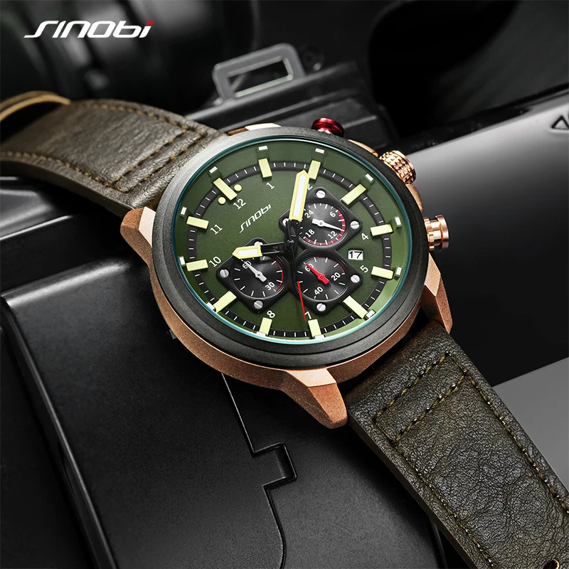 SINOBI Brand Watch Men Leather Sports Watches Men\'s Army Military Quartz Wristwatch Chronograph Male Clock Relogio Masculino