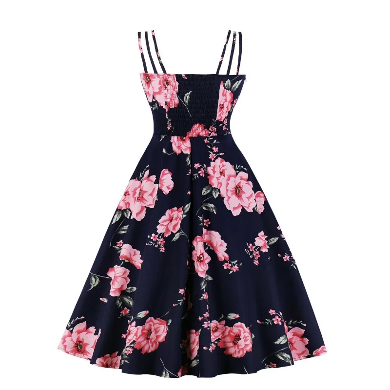 2024 New Bow Front A Line Vintage Elegant Floral Party Cami Dress Women Summer Spaghetti Strap Shirred Back Cotton Retro Dresses