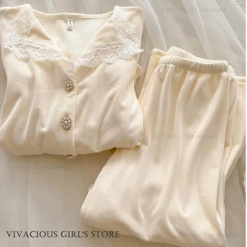 

Autumn Winter Island Velvet Women Sleepwear 2PCS Pajamas Set Elegant French Style Trouser Suits Nightwear Sweet Lace Home Wear