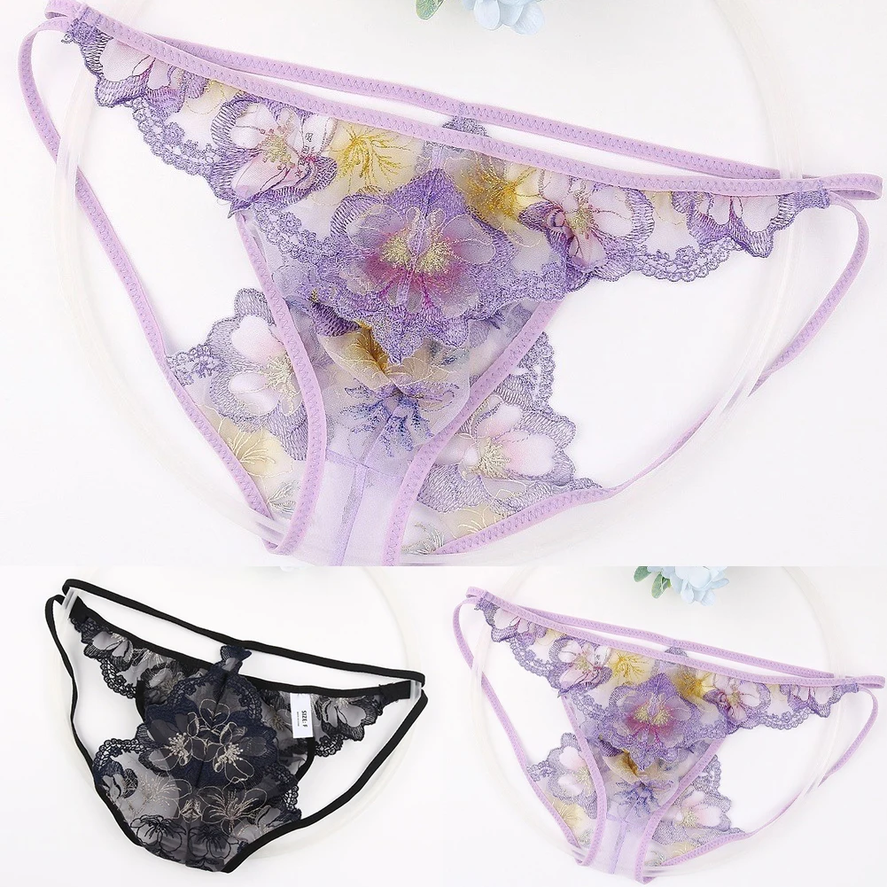 Men Mesh Floral Embroidered Lace G-String Underwear Breathable Low-waist Thongs Youth Skinny  Breathable Bottoms