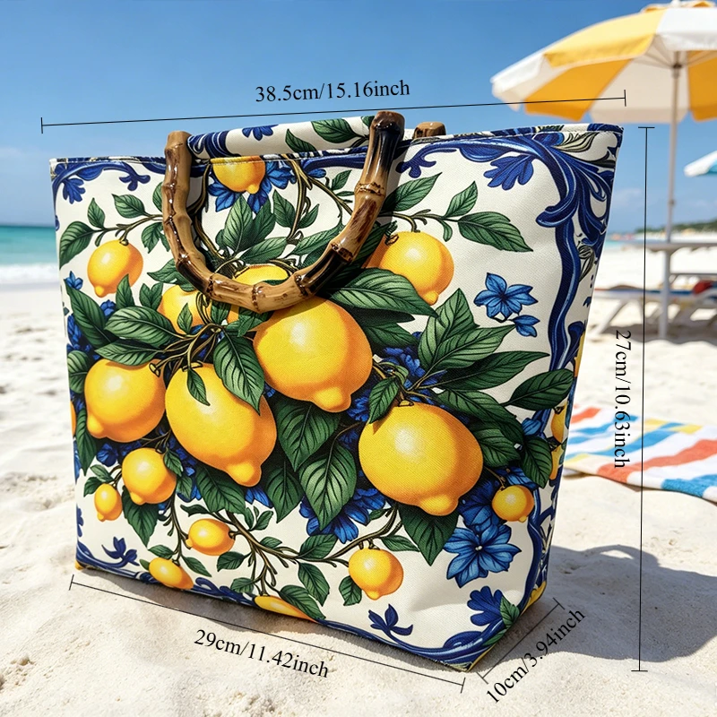 Blaue und weiße Damen-Tragetasche mit Porzellanmuster und Zitronenmotiv, Kunstbambusgriff, große Kapazität, Pendler-Tasche – Detail 6