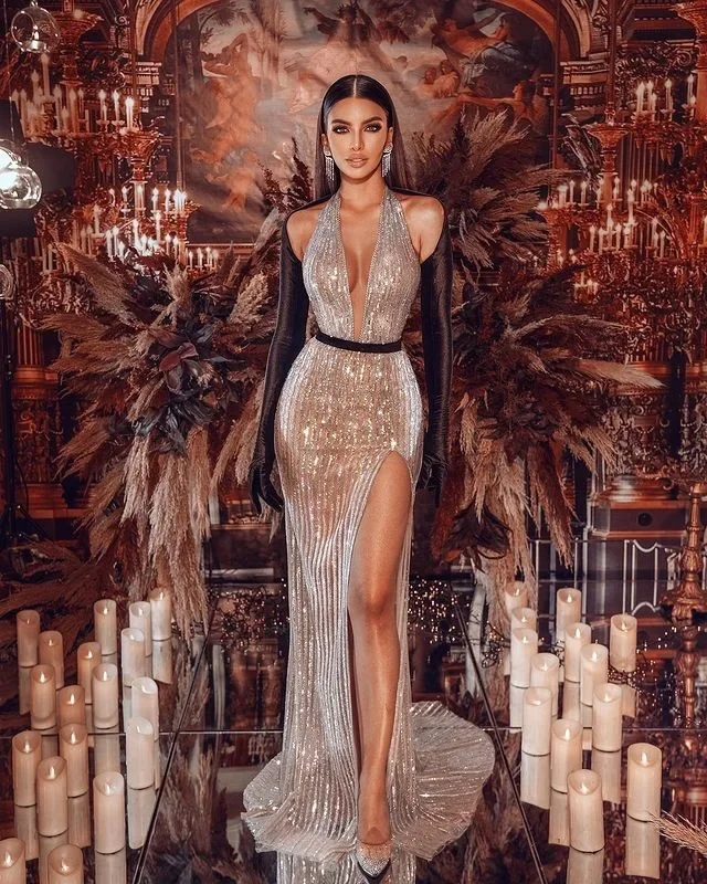 2025 الصيف بلا أكمام Halterneck العميق الخامس عالية سبليت فستان الحفلات Vestido De Mujer حجم كبير 3XS-10XL 9XL 8XL 7XL 6XL 5XL 4XL 3XL