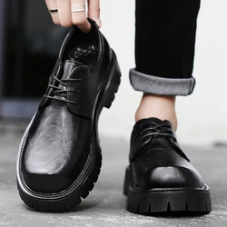 Hight Quality 2024 Spring New British Style Solid Black Leahter Shoes For Men Hombre Daily Casual Banquet Dress Heightening Eff