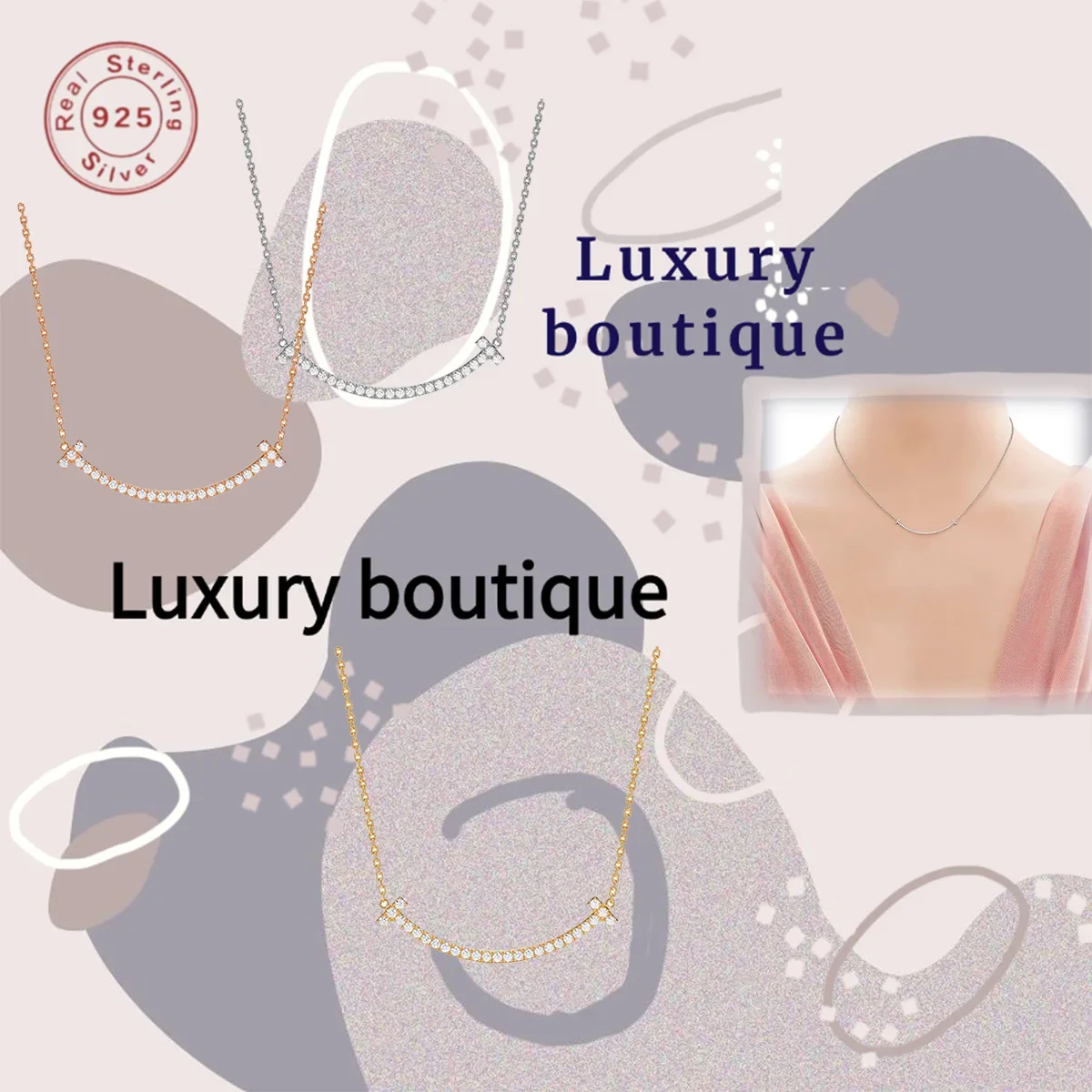 

Pure silver S925 necklace with diamond inlay, medium size smile design, women's noble and high-end couple's festival limited gif