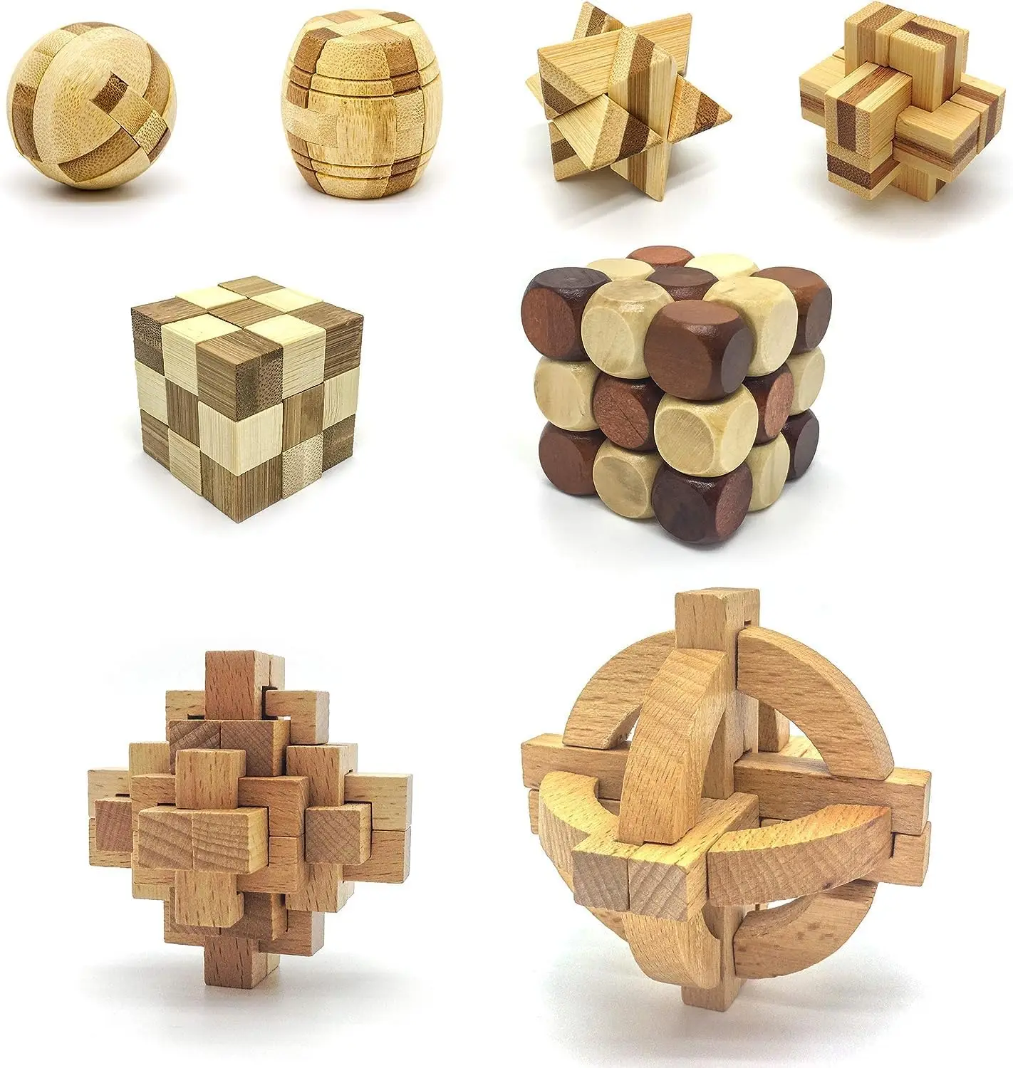 

8 Styles Interlocking Wooden Burr Cube, Ball, Barrels Logic Puzzle Brain Teaser Games & Educational Toy Set for Kids and Adults
